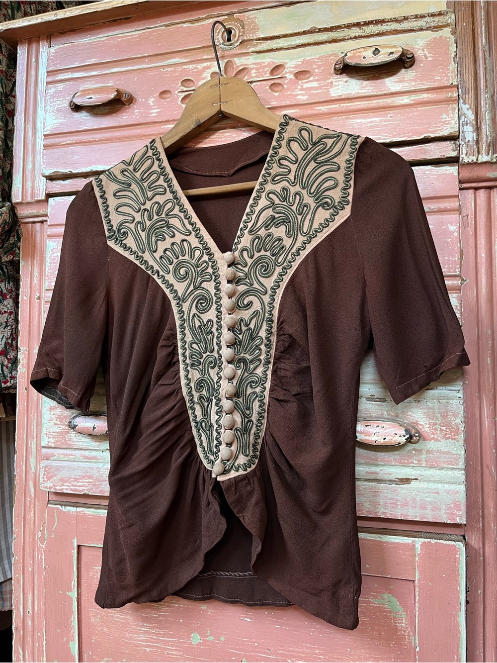40s Art Deco Vintage Antique Brown Rayon Embroidered Soutache Gatsby Blouse Top